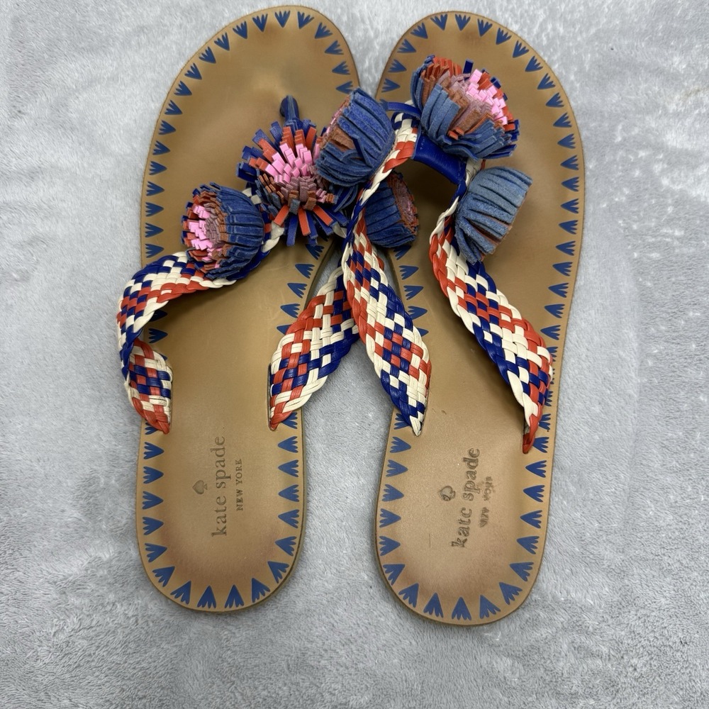 Kate Spade Idette Thong Sandals Red Blue Woven Straps Tassel Pom Pom Slip On